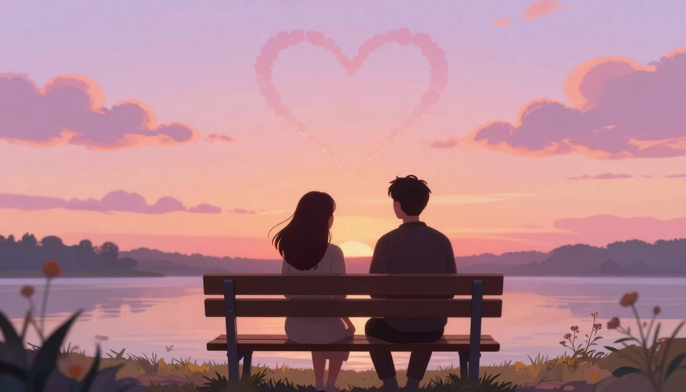 A romantic and dreamy illustration of two silhouettes sittin...