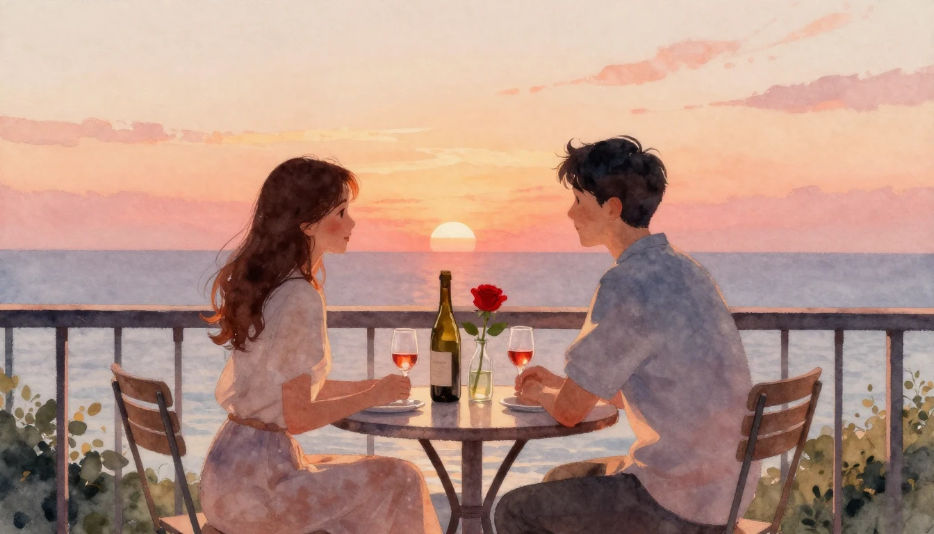 A romantic watercolor painting of a cozy balcony at sunset. ...