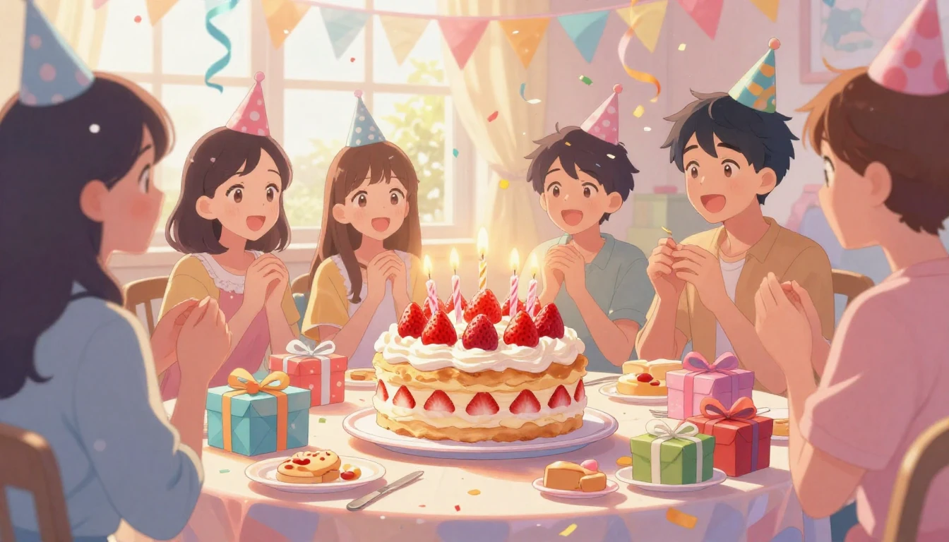 A vibrant and heartwarming anime-style illustration of a bir...