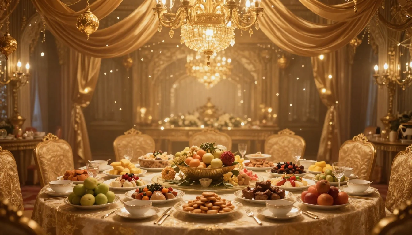A grand banquet hall decorated with golden ornaments and war...