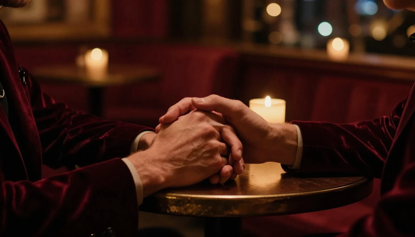 A close-up, cinematic shot of a couple holding hands across ...