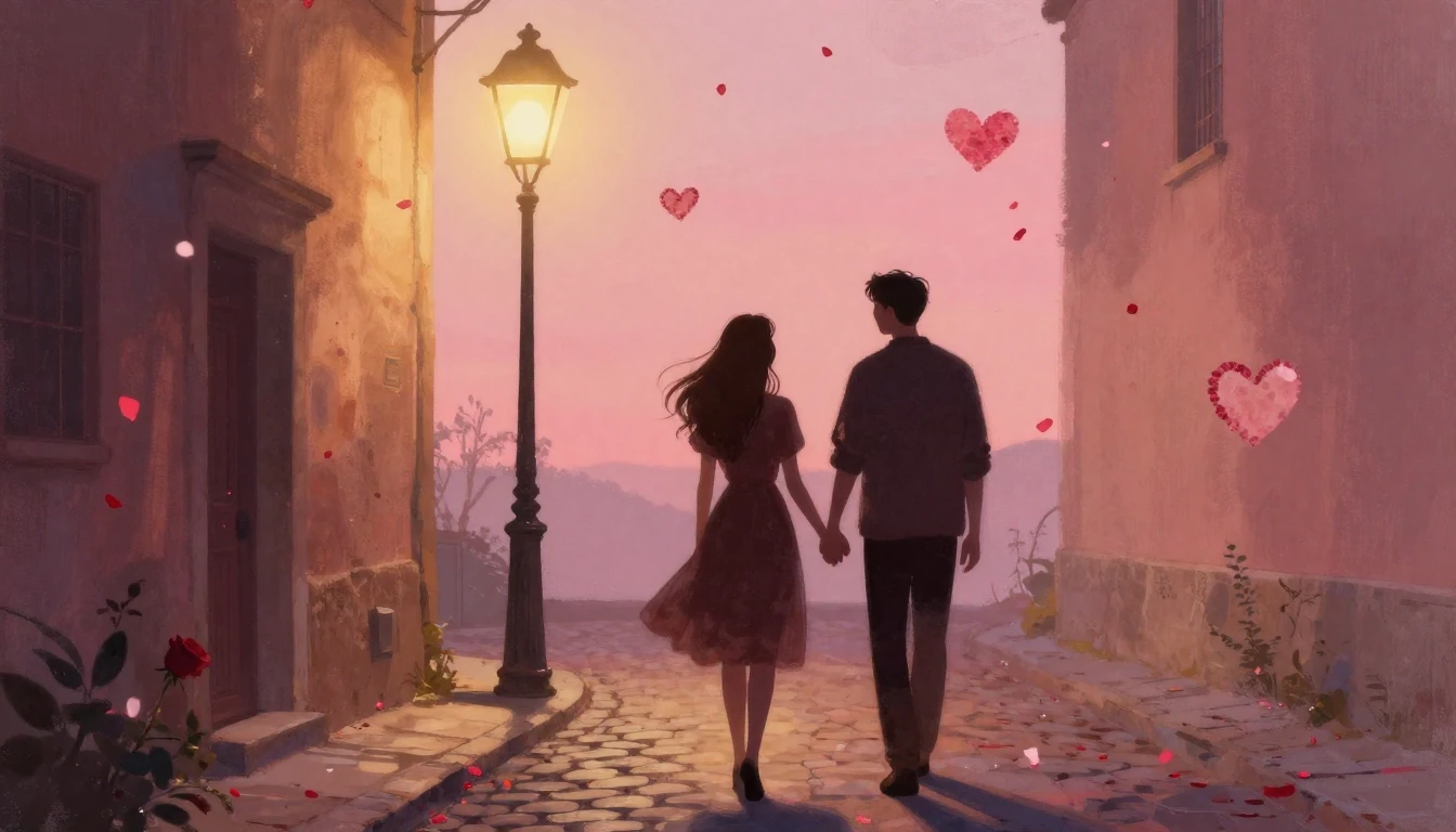A romantic and dreamy illustration of two silhouettes holdin...