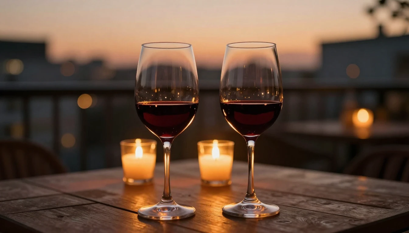 A close-up shot of two elegant wine glasses filled with red ...