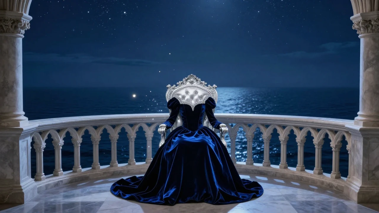 A breathtaking scene of a grand, gothic palace balcony overl...