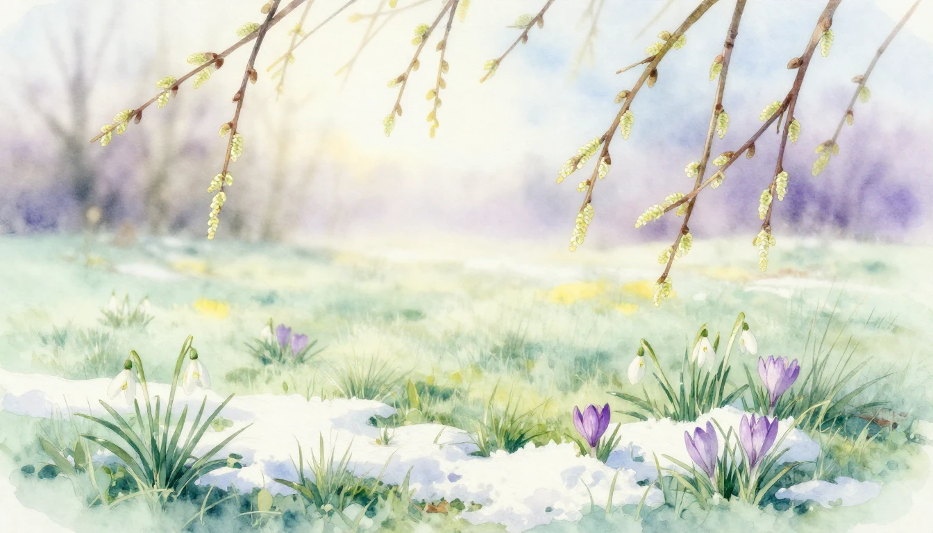 A delicate watercolor painting of a serene meadow in early M...