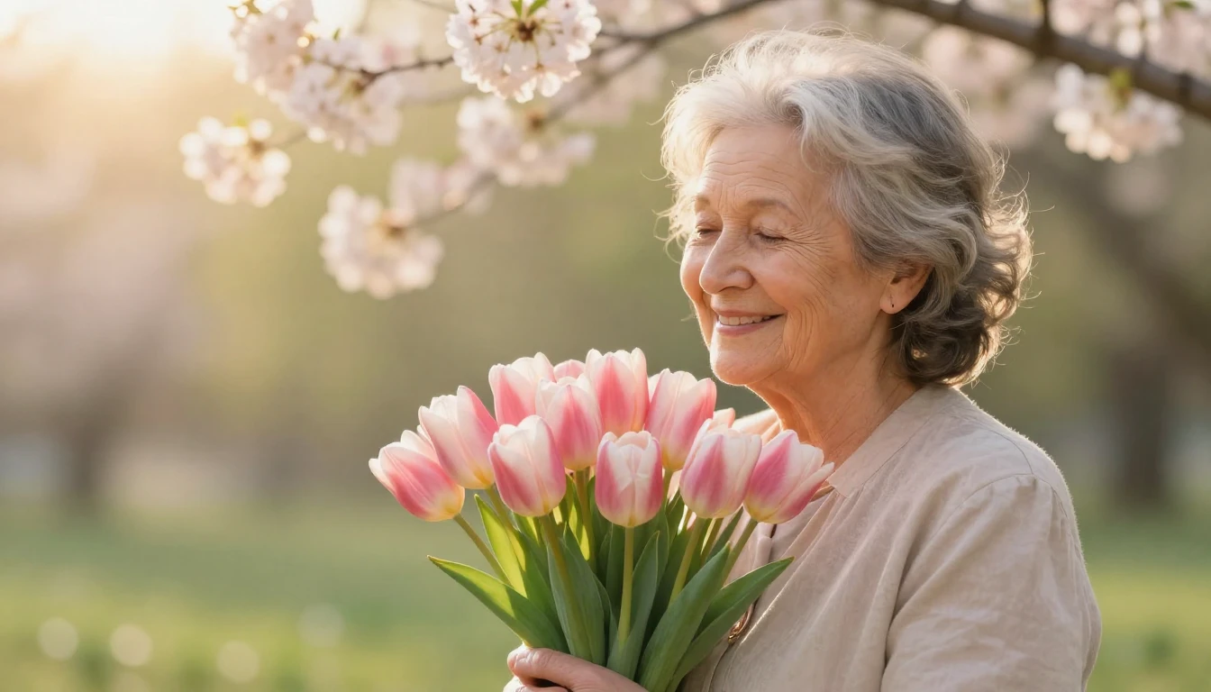 A heartwarming illustration of an elderly kind mother holdin...