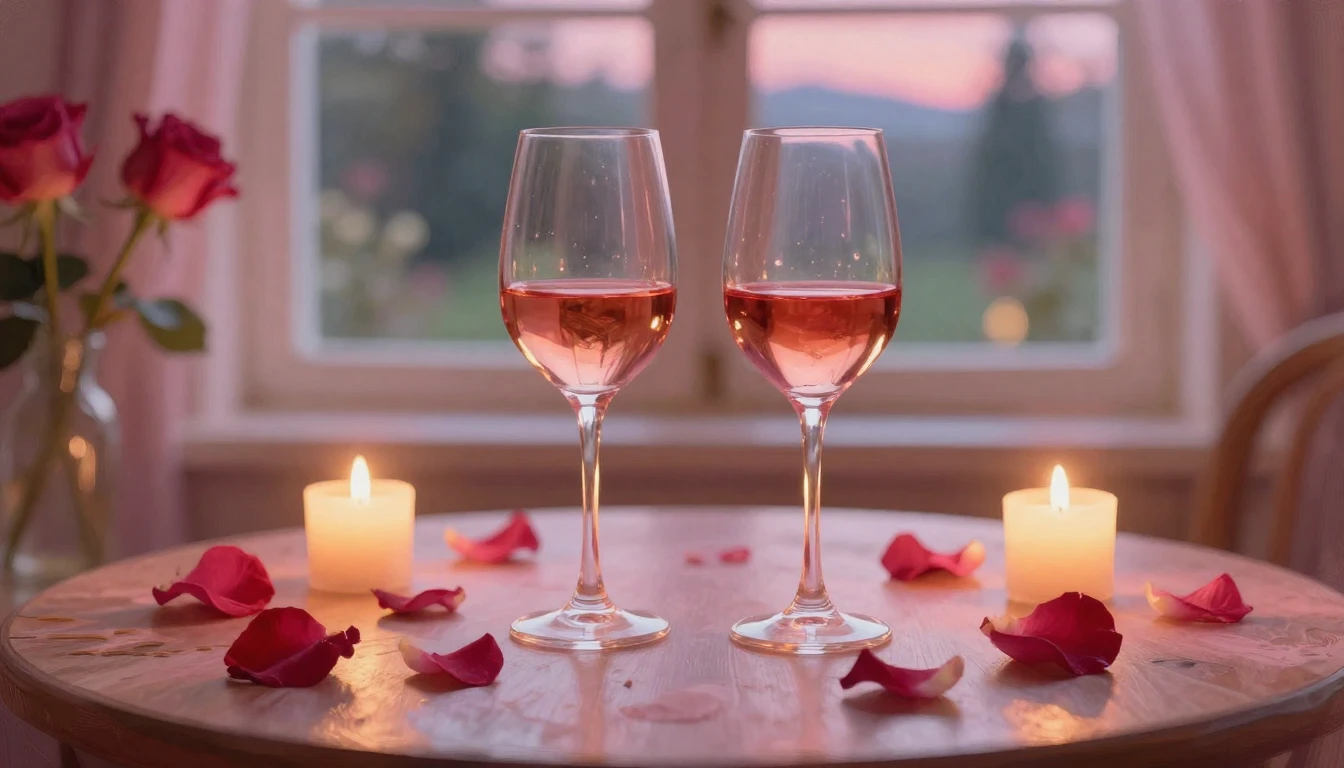 A dreamy and romantic scene featuring two elegant wine glass...