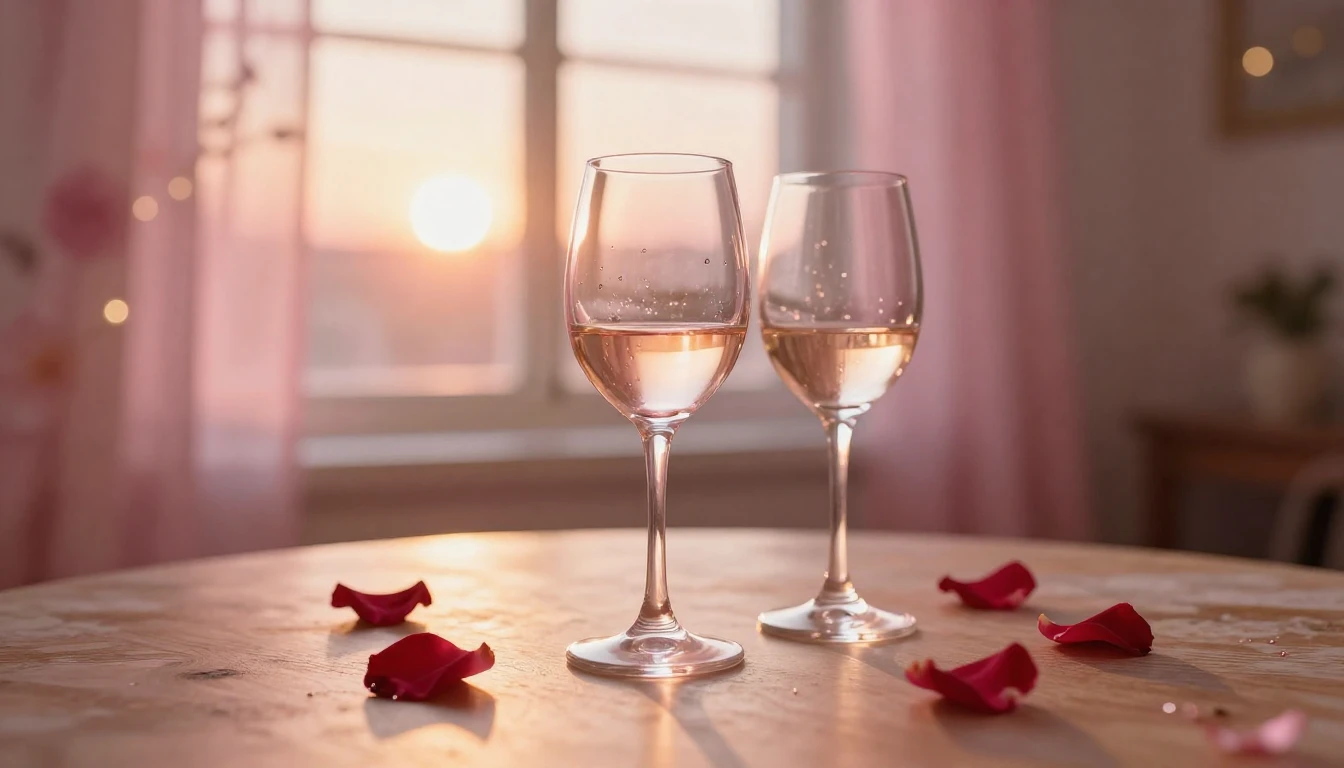 A soft and dreamy scene featuring two elegant wine glasses o...