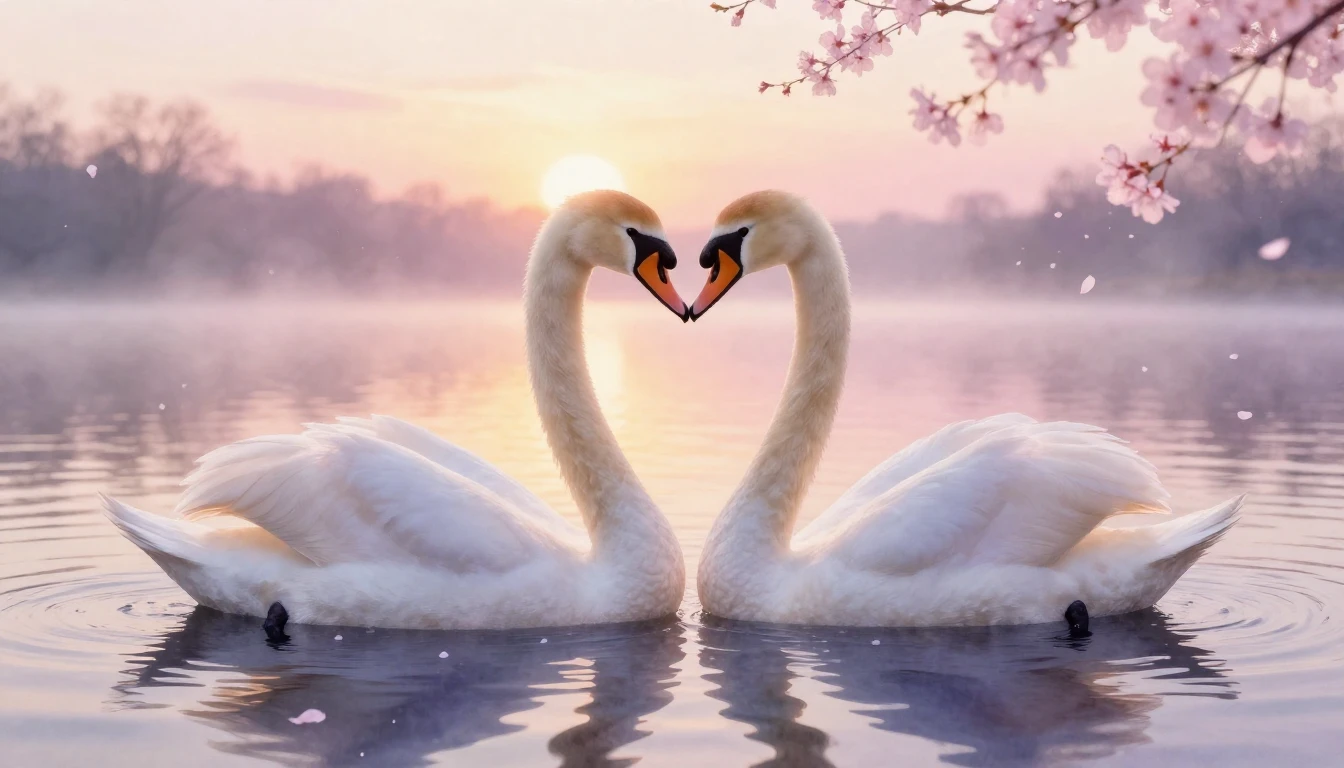 A dreamy watercolor painting of two elegant swans forming a ...