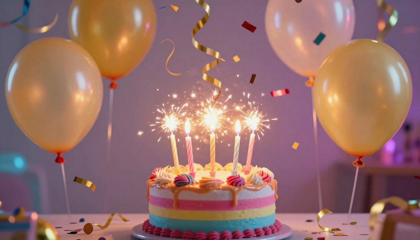 A vibrant and festive birthday celebration scene featuring a...