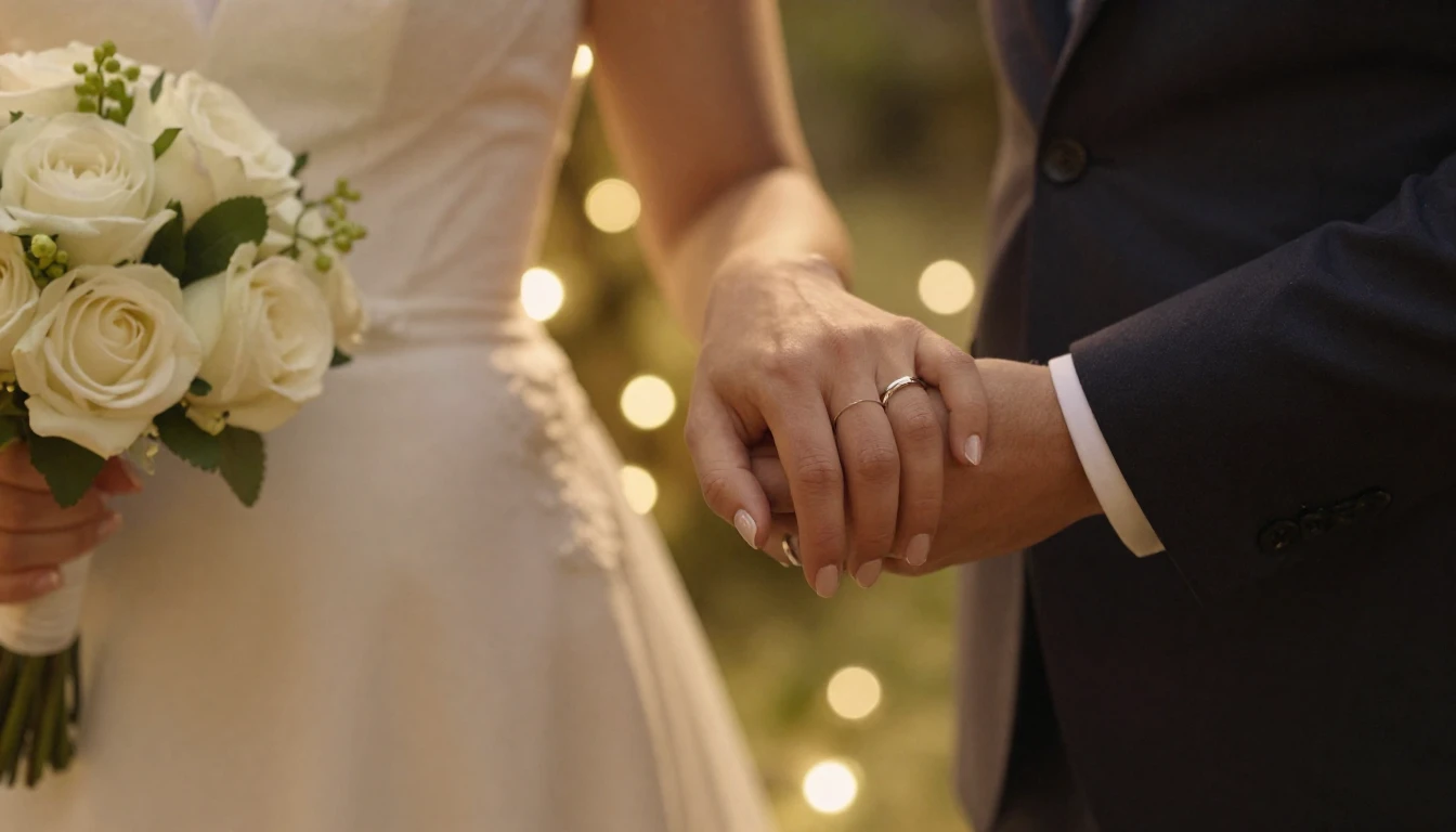 A cinematic close-up shot of a bride and groom holding hands...