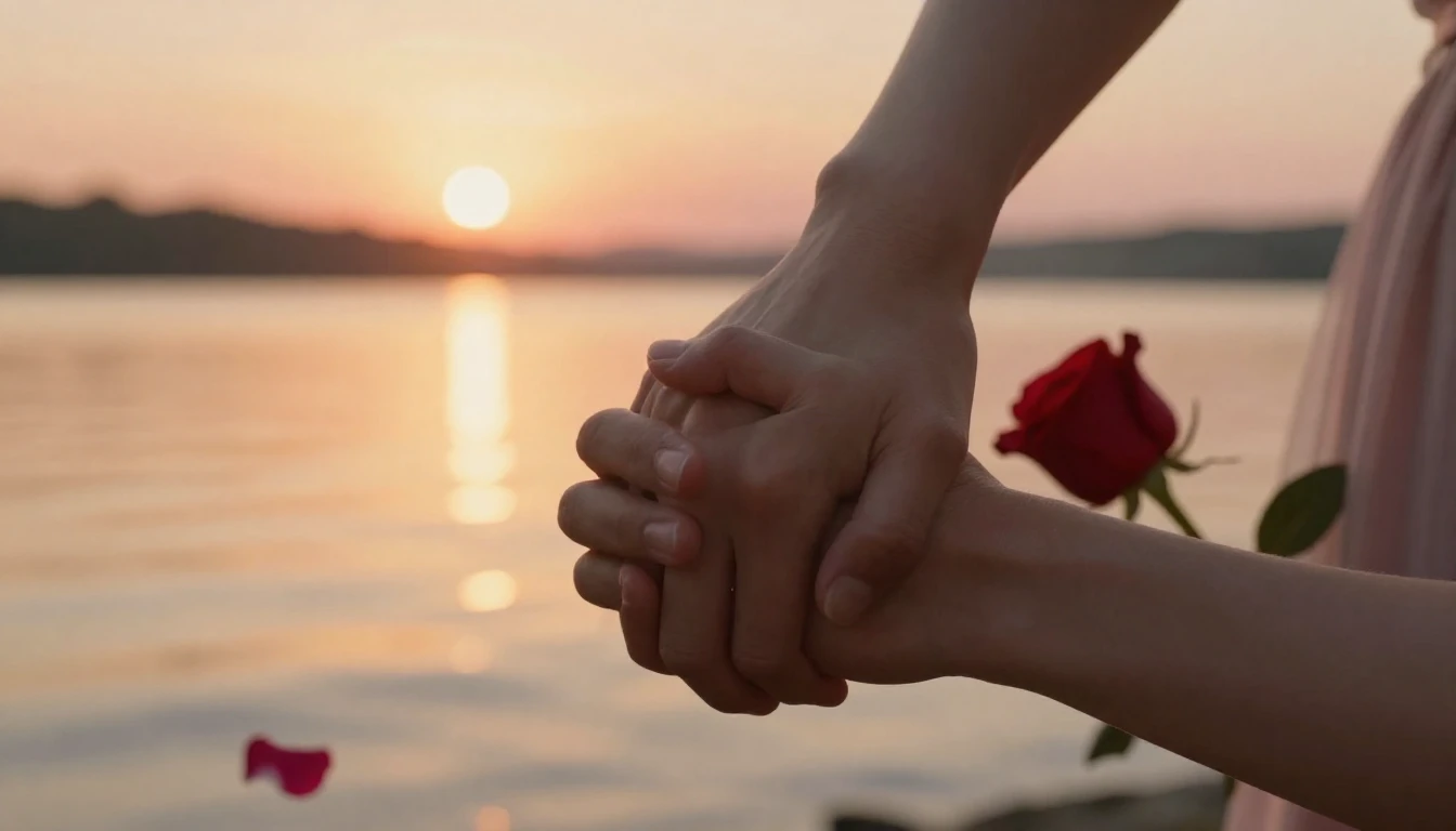 A romantic and emotional close-up scene of a couple holding ...
