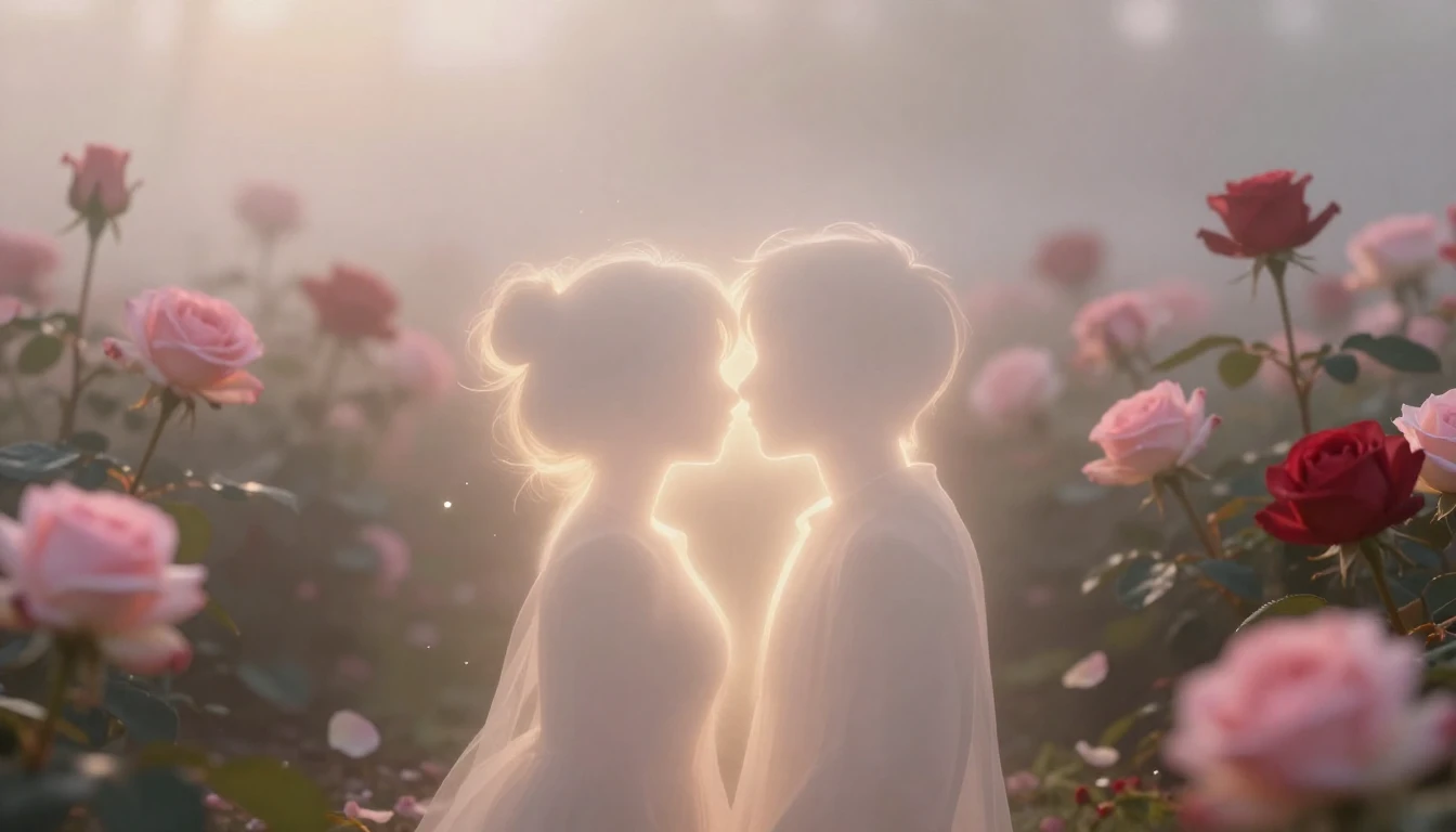 A delicate and ethereal scene featuring two glowing silhouet...