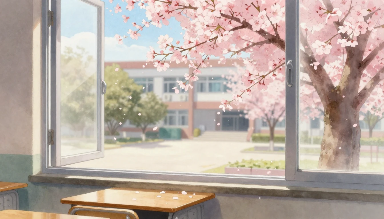 A serene watercolor painting of a cherry blossom tree in ful...