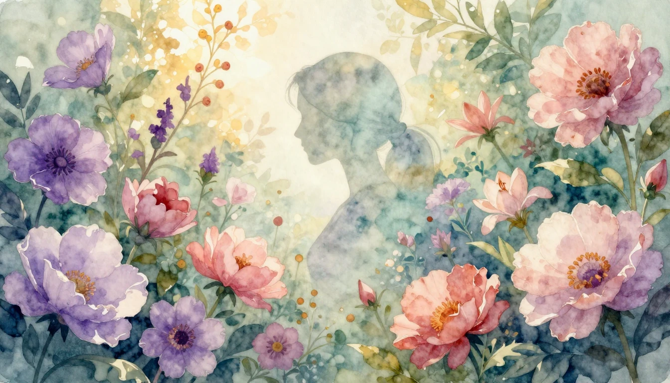 A vibrant watercolor painting depicting a lush garden filled...