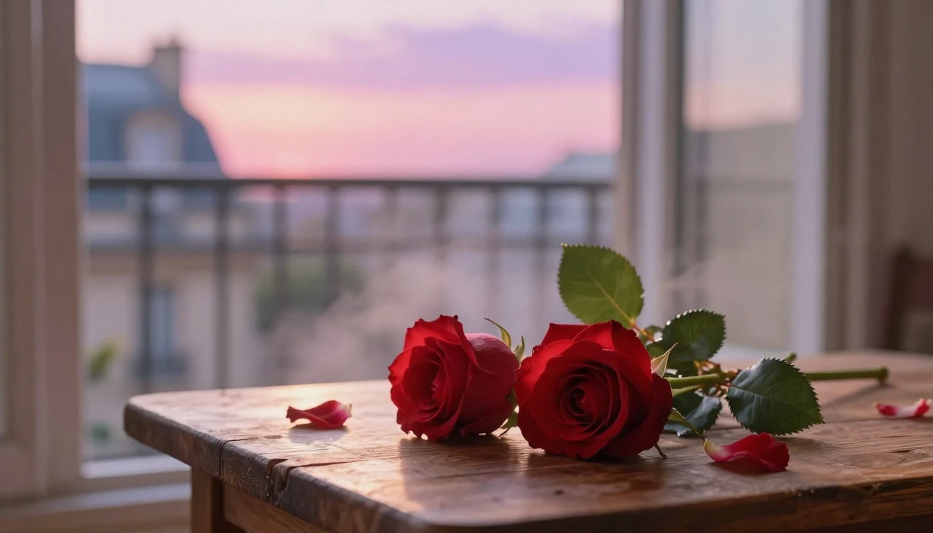 A dreamy and ethereal scene of two delicate red roses intert...