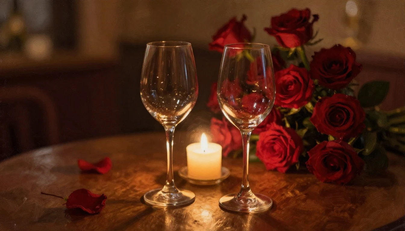 A warm and romantic scene featuring two elegant wine glasses...