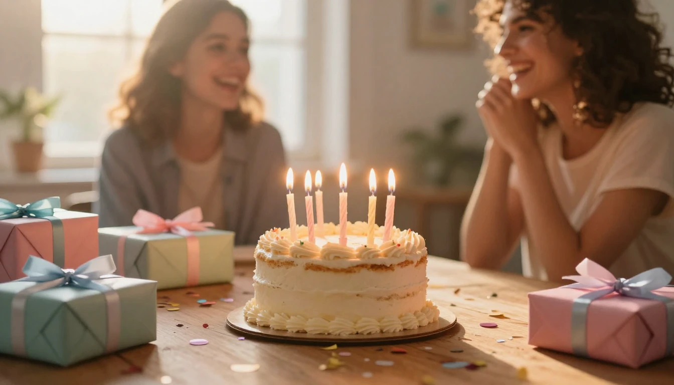 A warm and inviting birthday party scene focusing on a beaut...