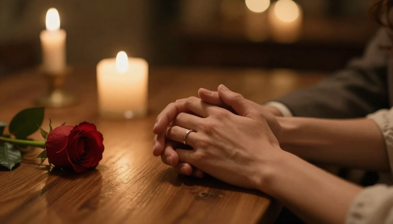 A warm and romantic cinematic close-up shot of a couple hold...