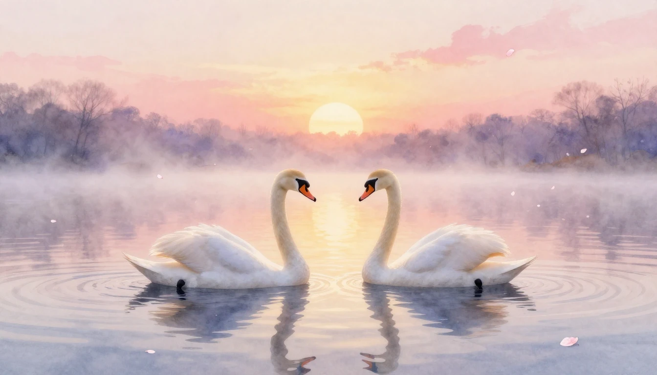 A soft watercolor painting of two elegant swans gliding on a...