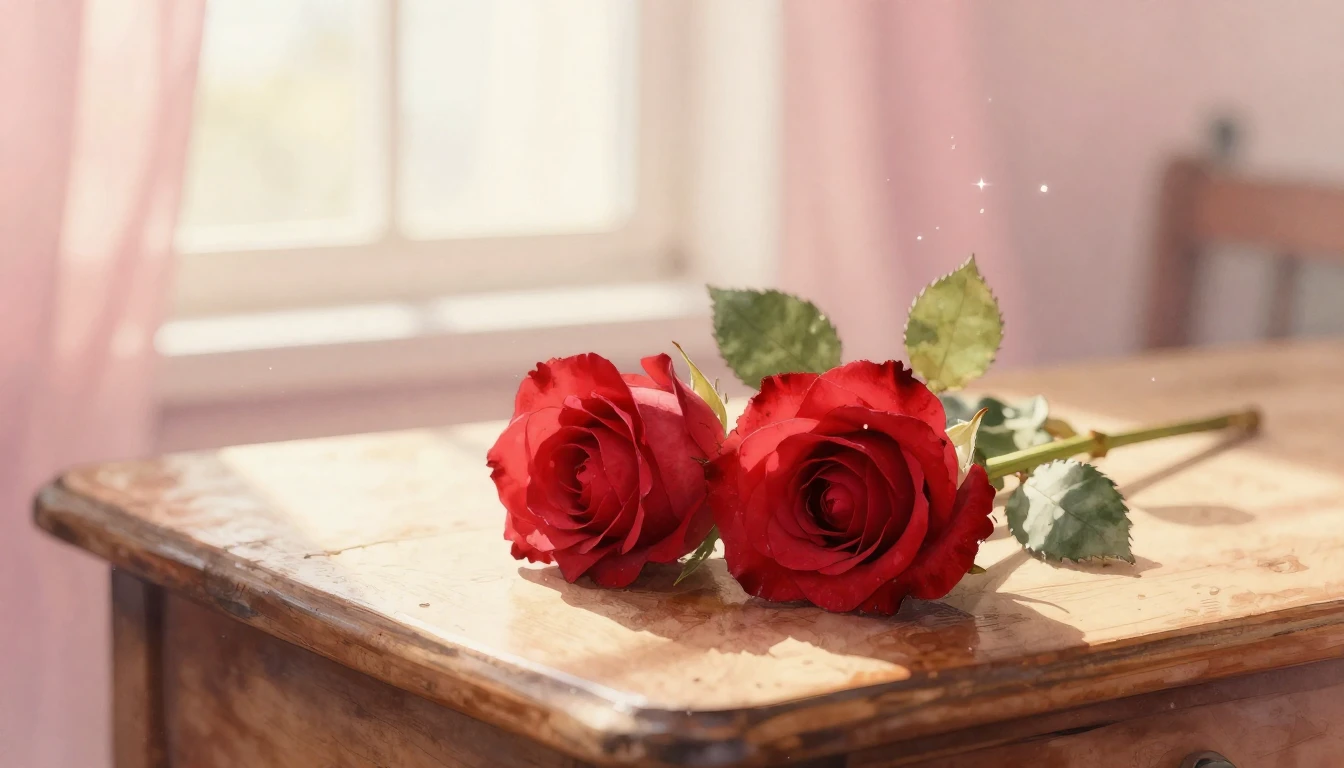 A delicate watercolor painting of two intertwined red roses ...