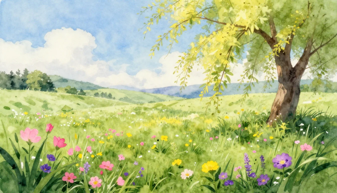 A breathtaking watercolor painting of a lush green meadow du...
