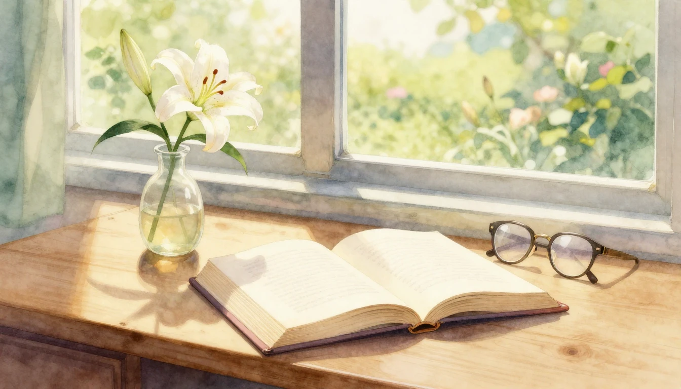 A beautiful watercolor illustration of an open book on a woo...