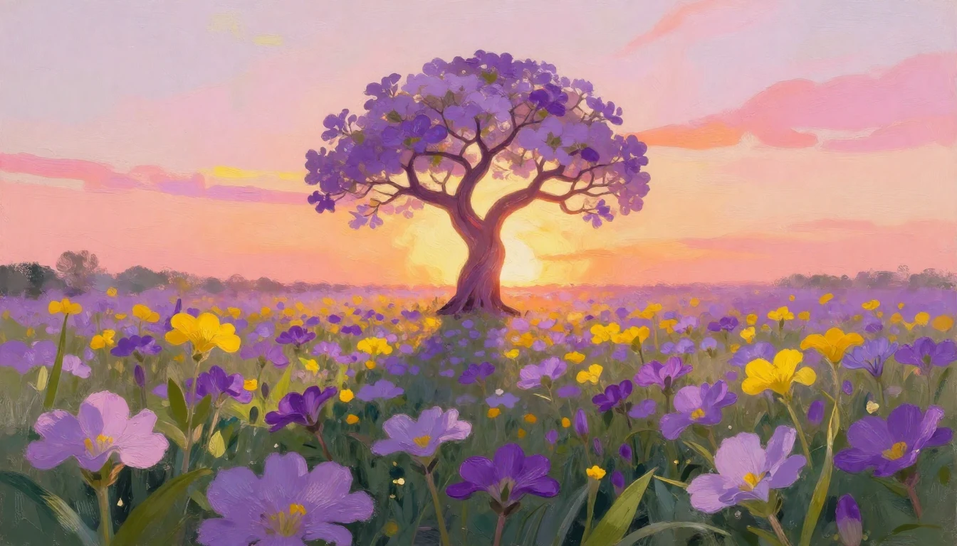 A vibrant field of blooming purple and yellow flowers stretc...