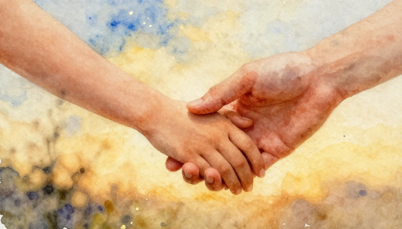 A soft watercolor painting depicting a large hand gently hol...