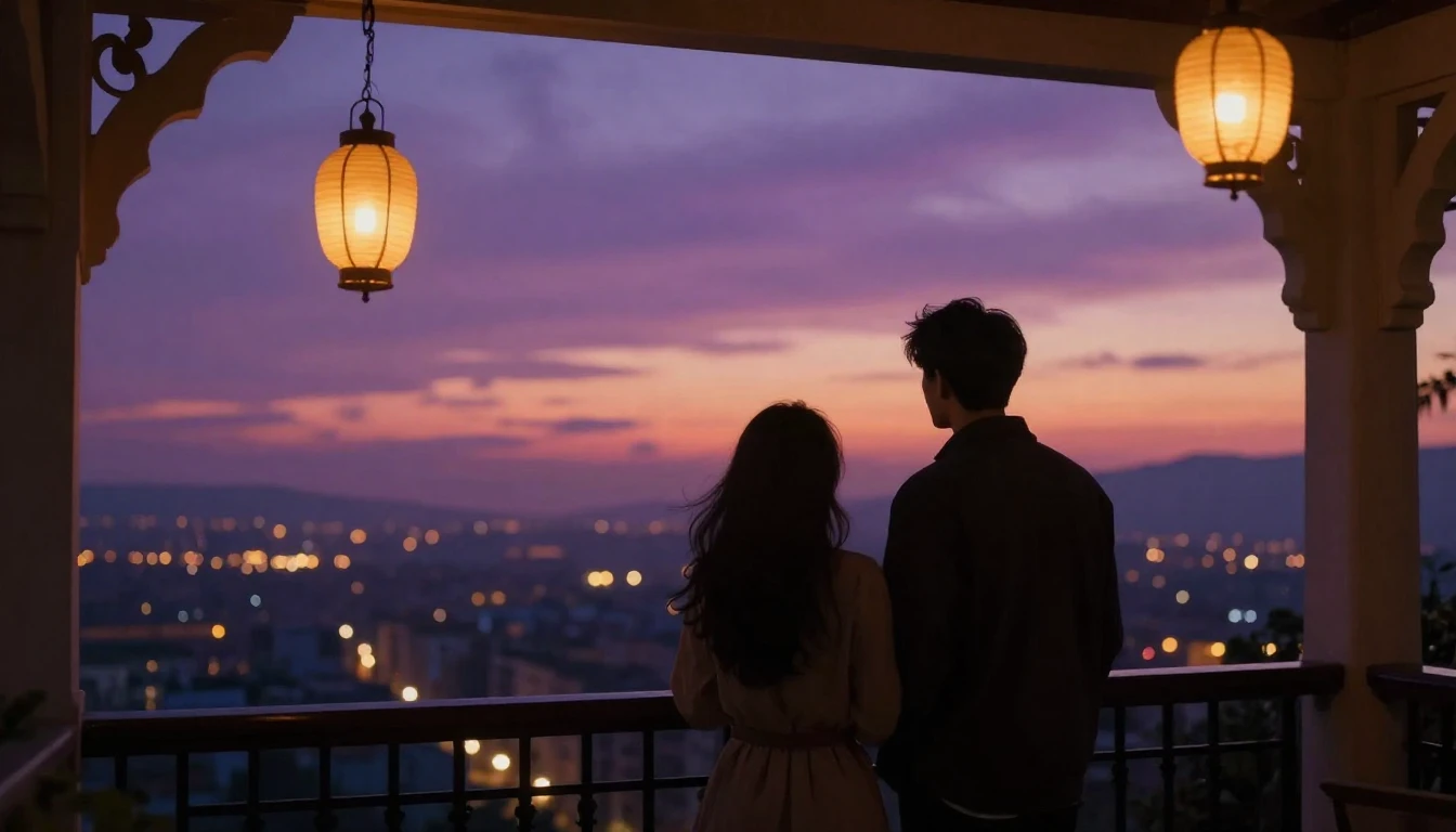 A breathtakingly romantic scene featuring two silhouettes st...
