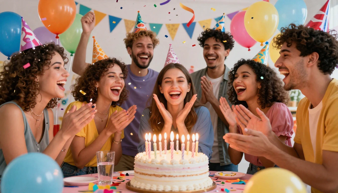 A vibrant and colorful birthday party scene, a group of joyf...