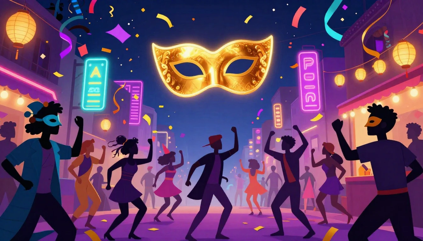 A vibrant and energetic digital art illustration of a Purim ...