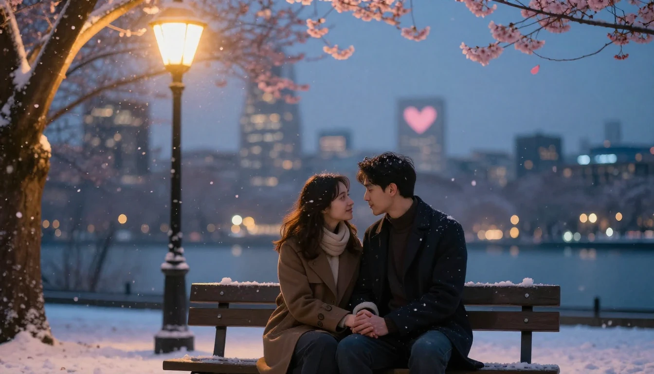 A romantic and atmospheric scene showing a couple sitting on...