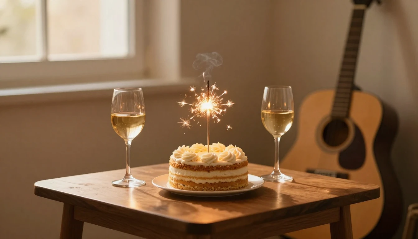 A warm, intimate birthday celebration scene. A beautifully d...