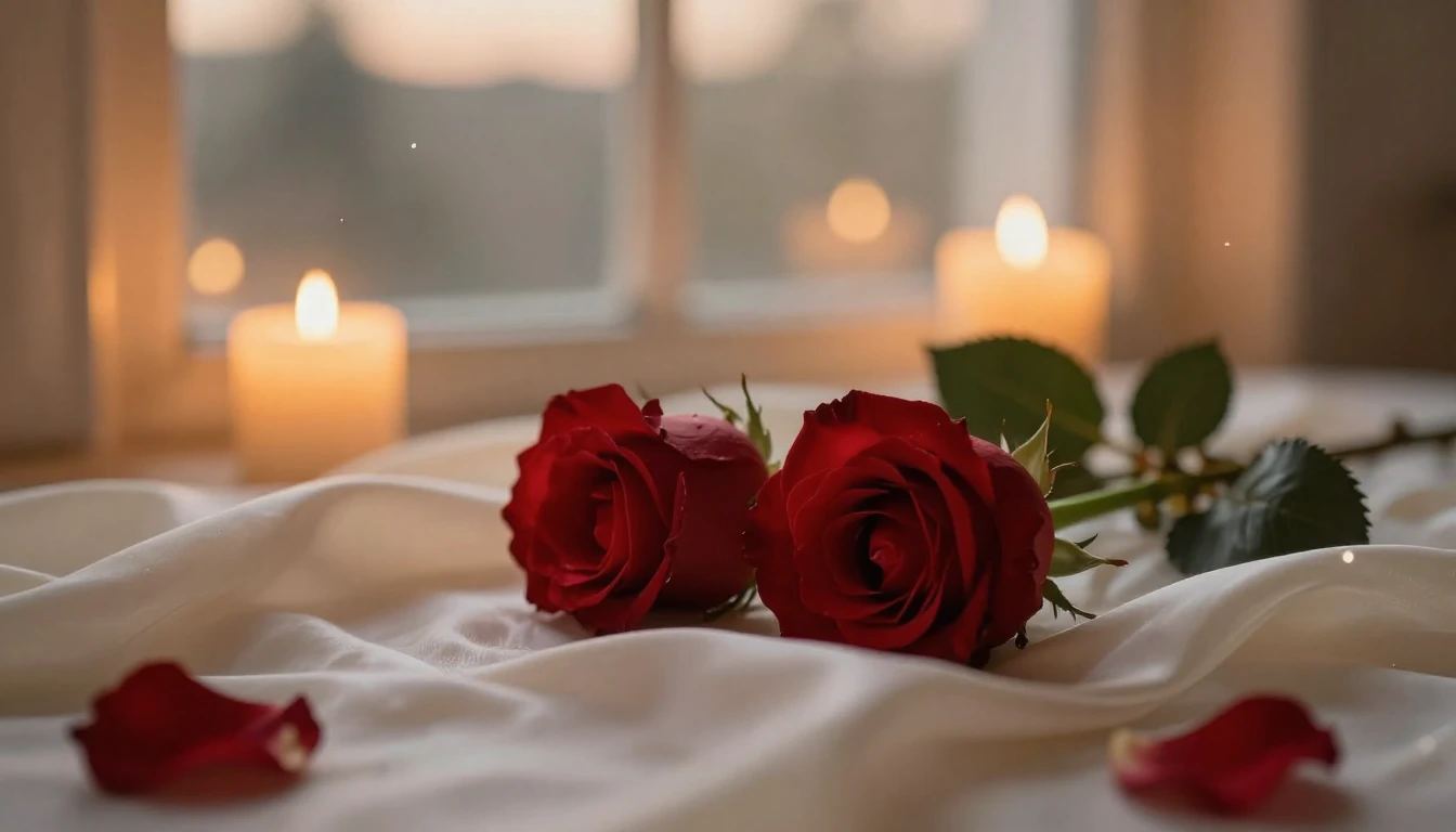 A serene and romantic scene featuring two delicate red roses...