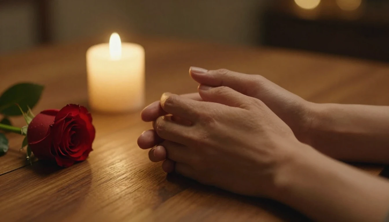 A cinematic close-up shot of two hands gently holding each o...