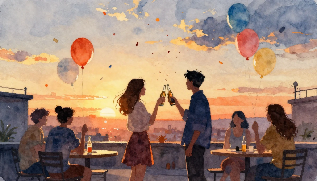 A heartwarming watercolor painting of a group of friends cel...