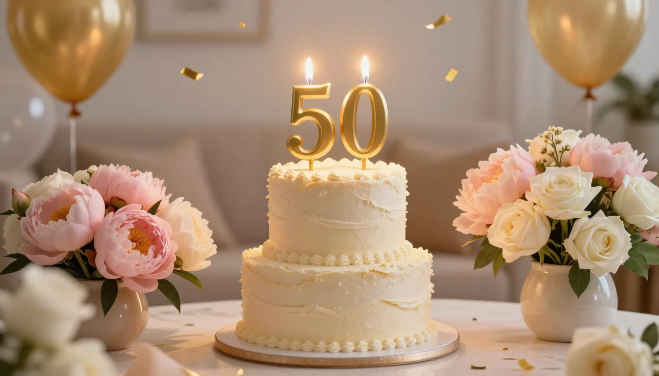 A warm and elegant birthday celebration scene for a 50th bir...
