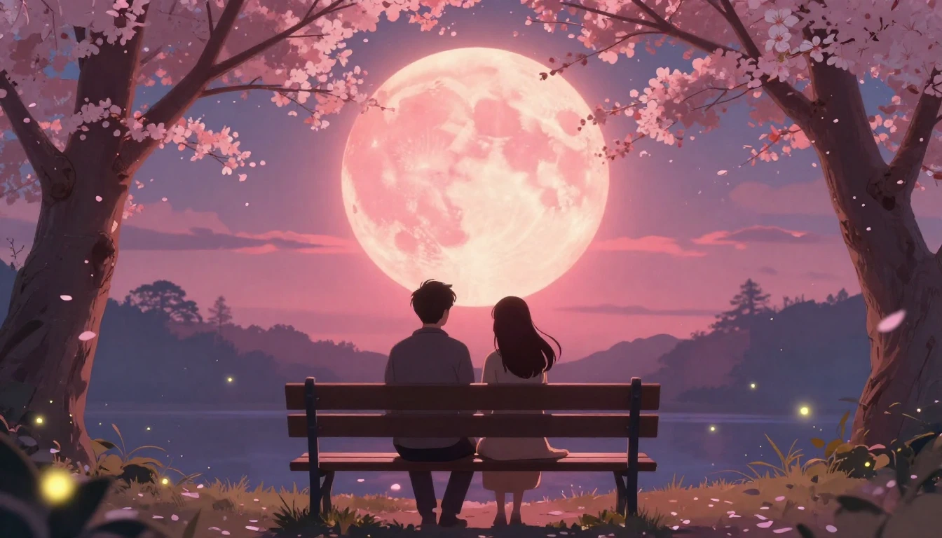 A romantic, dreamy illustration of a couple sitting on a ben...