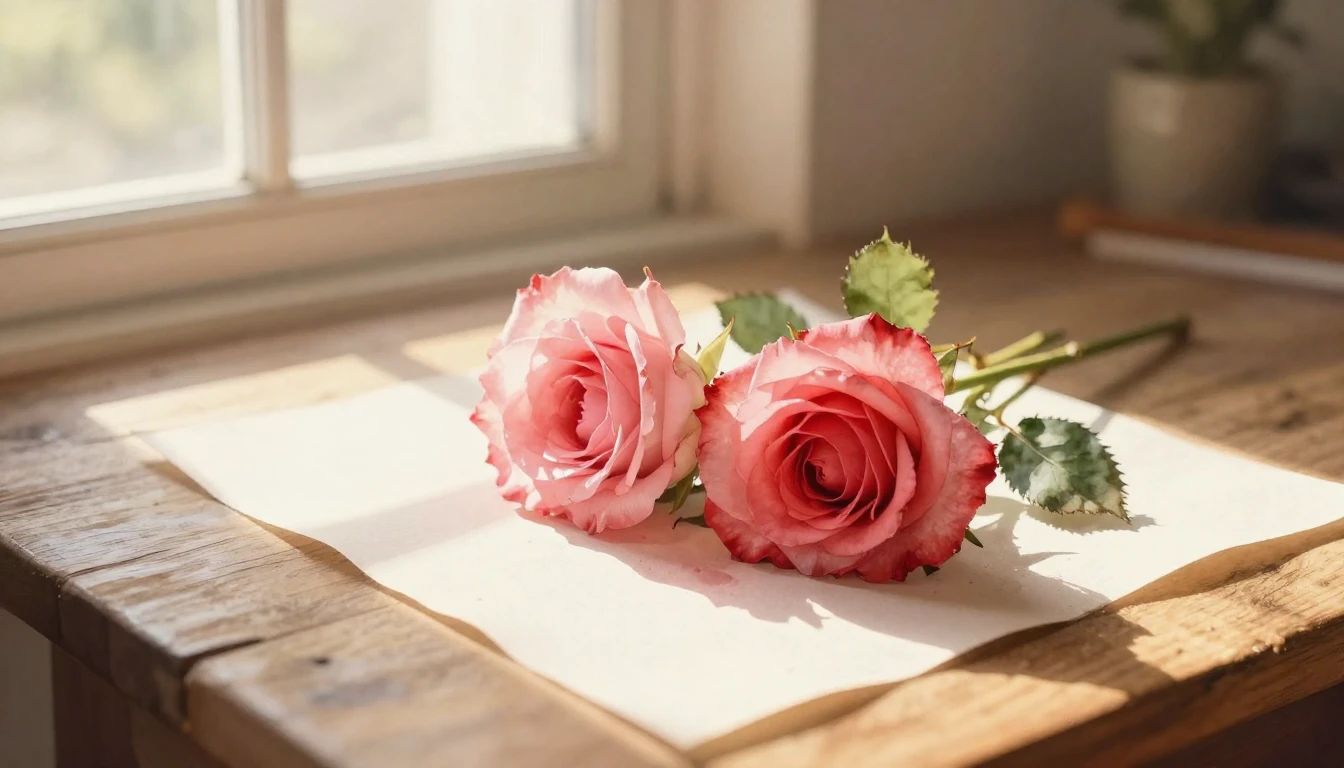 A delicate watercolor painting of two intertwined roses rest...