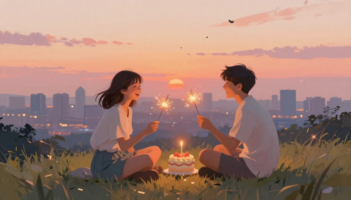 Two best friends sitting side by side on a grassy hill overl...