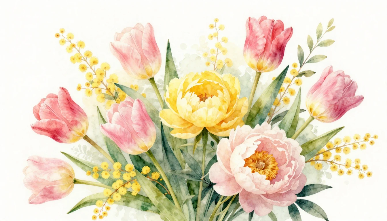 A delicate watercolor painting of a vibrant bouquet of sprin...