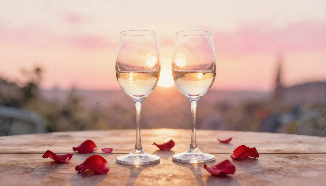 A delicate watercolor painting of two elegant wine glasses s...