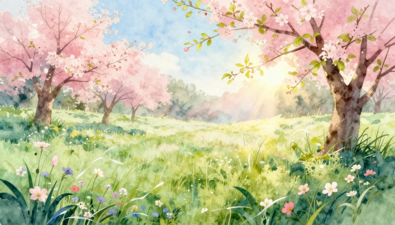 A beautiful watercolor painting of a lush spring meadow at s...