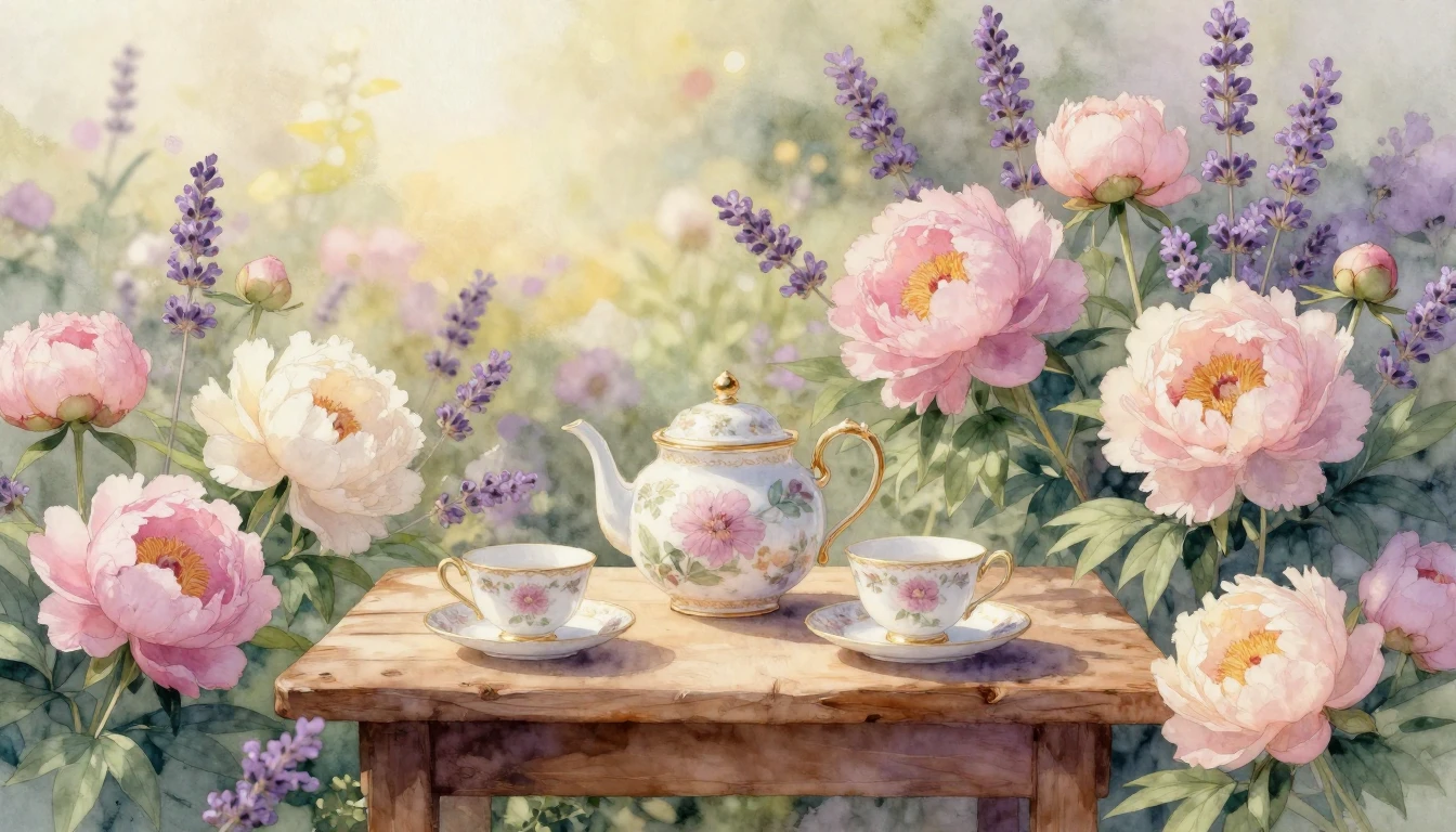 A beautiful watercolor painting of a serene garden filled wi...