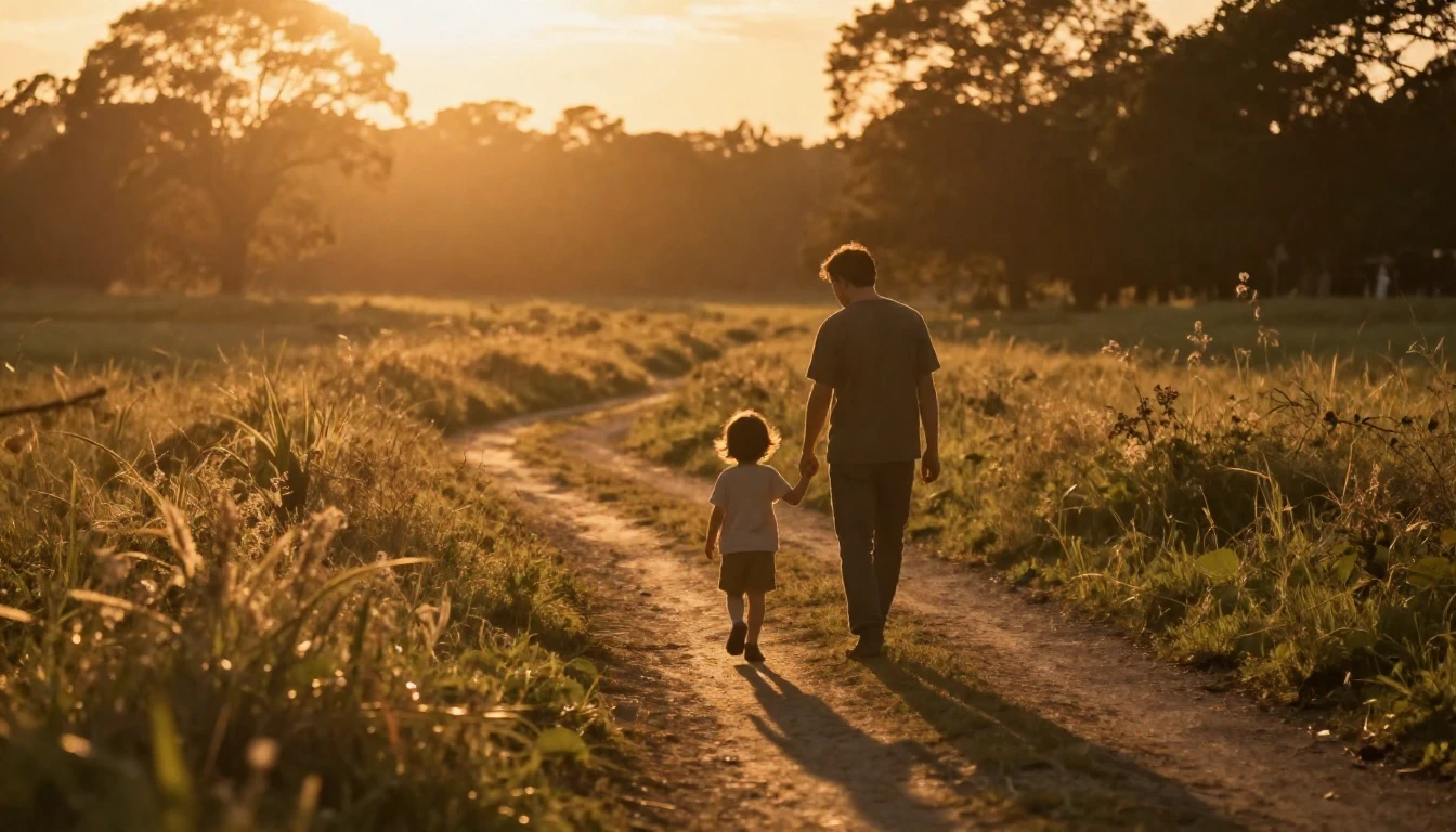 A breathtaking cinematic scene at golden hour. A silhouette ...