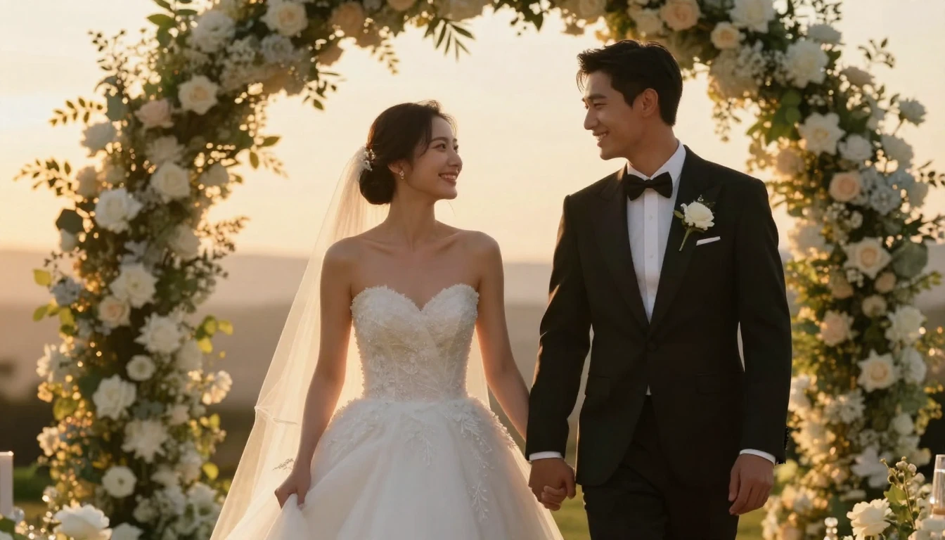 A beautiful cinematic shot of a happy bride and groom holdin...