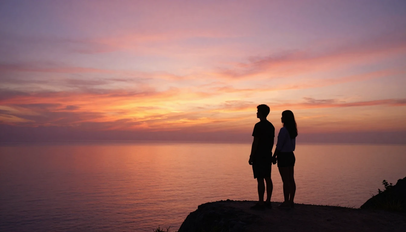 Two silhouettes of lovers standing close together on a cliff...