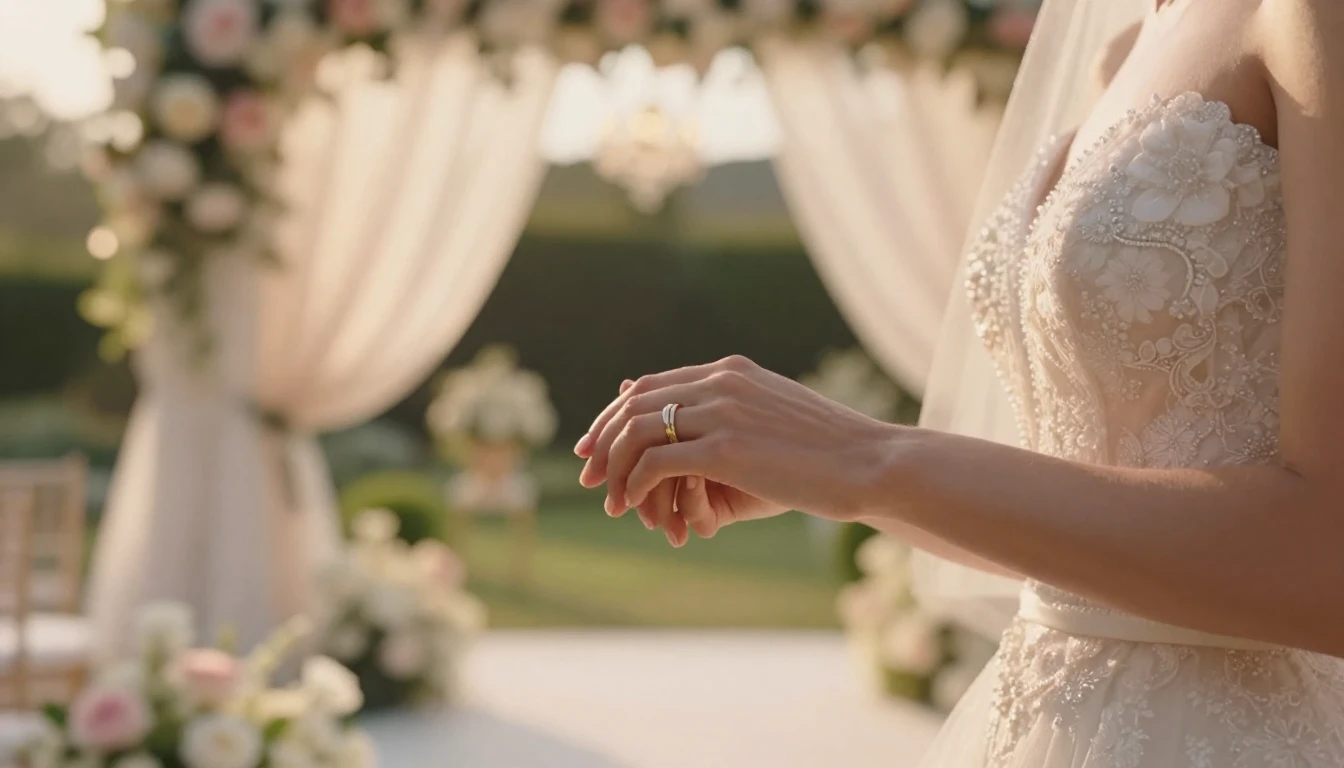 A cinematic close-up shot of a bride and groom holding hands...