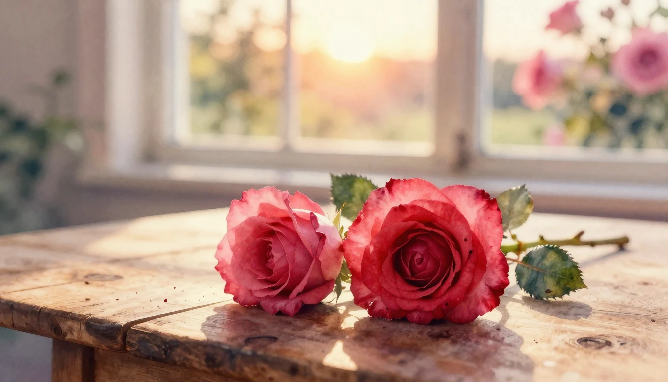 A beautiful watercolor painting of two delicate red roses in...